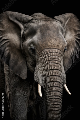 Elephant close-up on black background. Generative AI