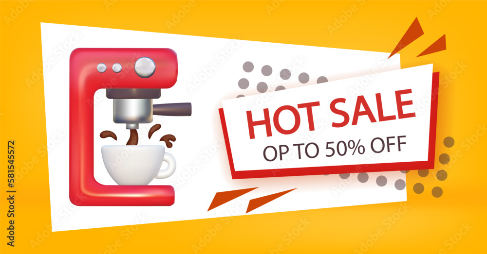 Fototapeta premium 3d coffee machine with cup and splash. Discount offer template with badge hot sale. Banner cafe or coffee shop. Preparation of delicious the perfect espresso.