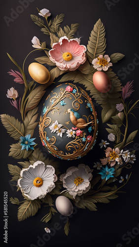 Happy Easter day,  easter composition with decorated easter eggs and decorative nest, inscription, rabbit, bunny, fluffy, holiday, happy family © AD