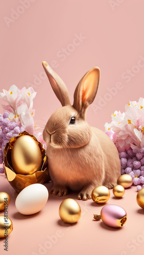 Happy Easter day   easter composition with decorated easter eggs and decorative nest  inscription  rabbit  bunny  fluffy  holiday  happy family