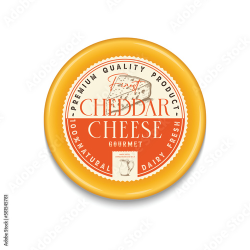 Vector Cheddar Cheese Vintage round label and packaging design template. Cheese detailed icon. Dairy product illustration for dairies, package and groceries branding.