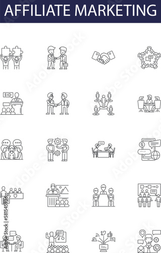 Affiliate marketing line vector icons and signs. Marketing, Ads, Promotion, Online, Tracking, Commission, Programs, Payouts outline vector illustration set