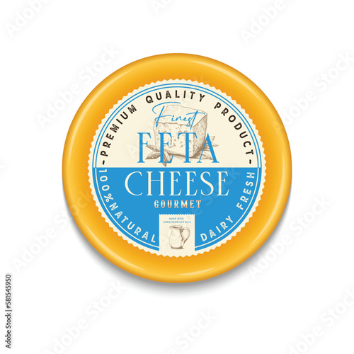 Premium Local Feta cheese Food Label Template. Abstract Vector Packaging Design Layout. Modern Typography Banner with Hand Drawn Cheese Piece. Isolated.