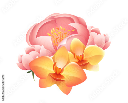 Watercolor wedding bouquet. Beautiful pink peonies and yellow lilies. Blooming flowers for engagement invitation. Floristry and botany. Cartoon flat vector illustration isolated on white background