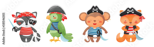 Animals Pirate in Corsair Hat and Bandana Wearing Striped Vest Vector Set