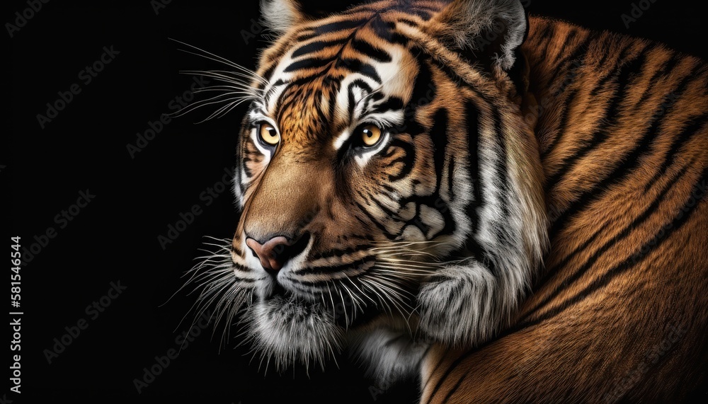 Tiger close-up on black background. Generative AI