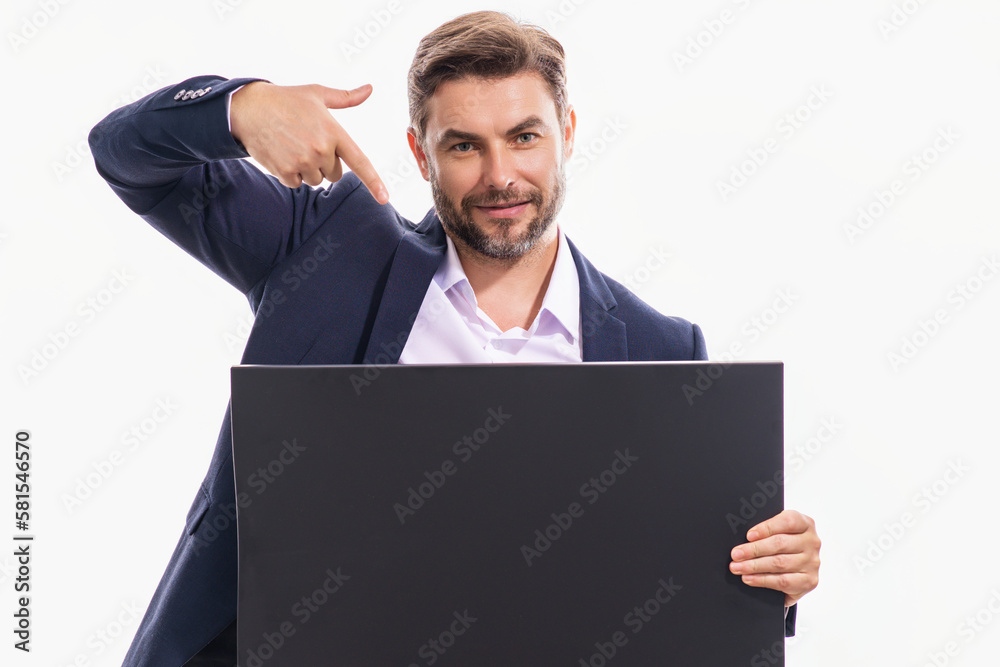 Handsome man holding empty board and pointing finger on board. Guy showing blank board with copyspace. Idea and offer. Your advertisement. Blank advertising board with empty space for text, mockup. Handsome man holding empty board and pointing finger on board. Guy showing blank board with copyspace. Idea and offer. Your advertisement. Blank advertising board with empty space for text, mockup.