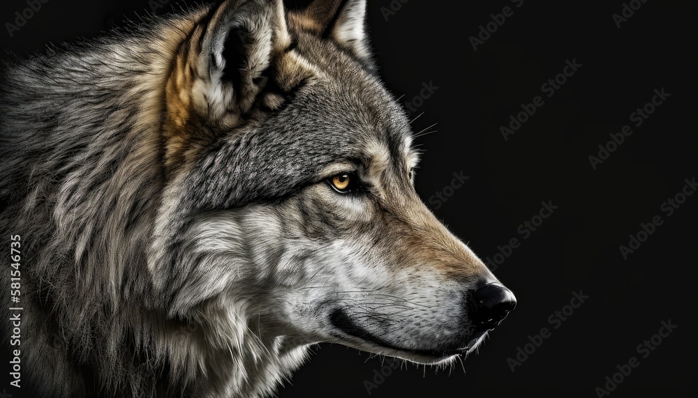 Wolf close-up on black background. Generative AI
