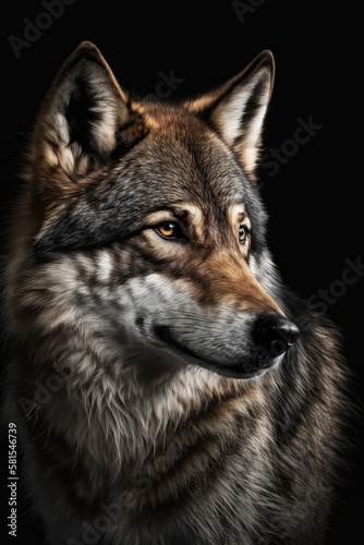 Wolf close-up on black background. Generative AI