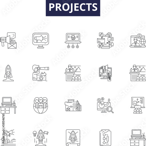 Projects line vector icons and signs. Implement, Create, Manage, Execute, Design, Developing, Construct, Developed outline vector illustration set