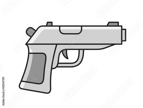 Gun simple icon. Sticker with firearm or revolver for shooting. Inventory for 8 bit game. Design element for video game. Dangerous weapon. Cartoon flat vector illustration isolated on white background © Rudzhan