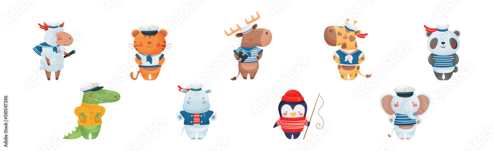 Animal Characters Sailors and Seaman in Cap Vector Set