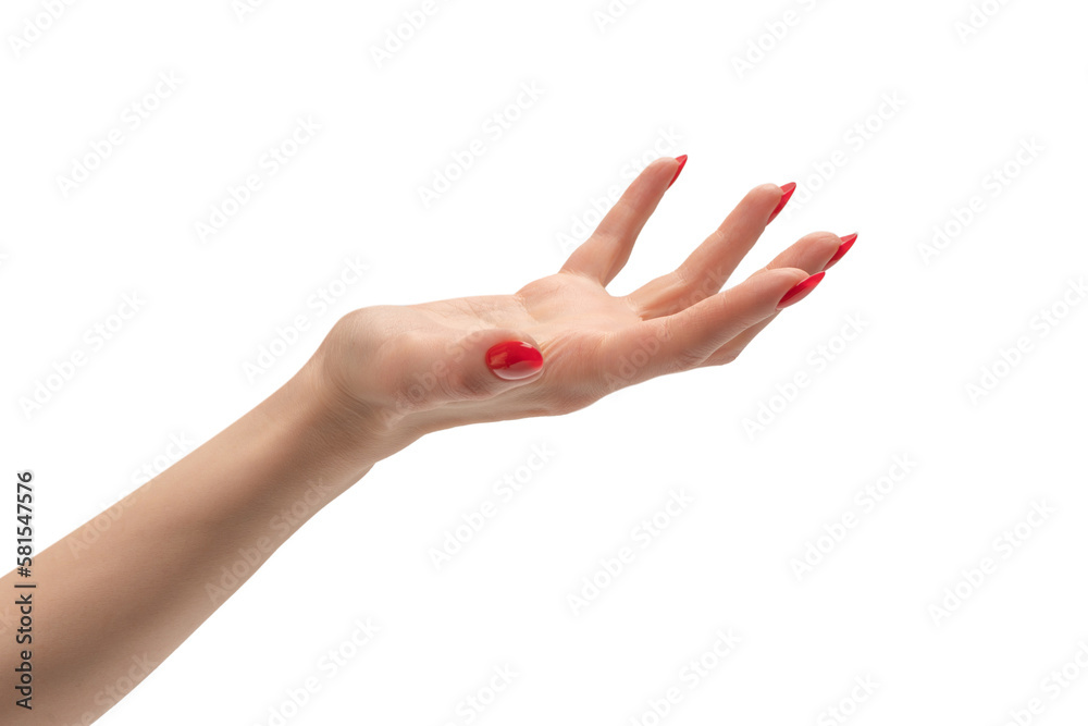 Woman hand with red nails holding something.
