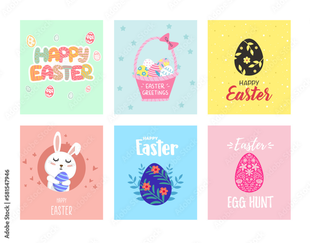 Fototapeta premium Easter banner with chocolate rabbits and beautifully painted eggs set on the grass. Easter cards set. Concept of Easter egg hunt or egg decorating art. Background pastel color minimal design