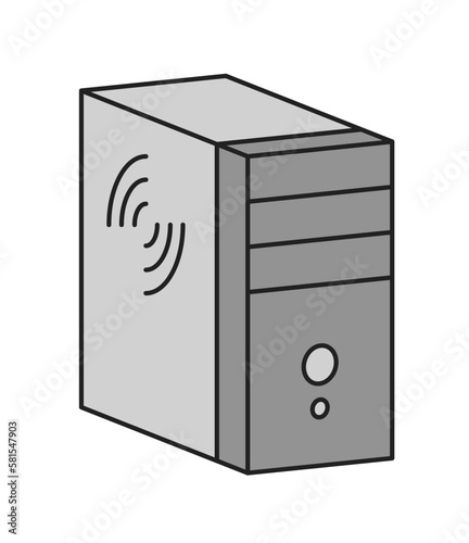 Game item icon. Retro sticker with computer system unit. Powerful PC for video games and entertainment. Gaming equipment. Cartoon flat vector illustration isolated on white background