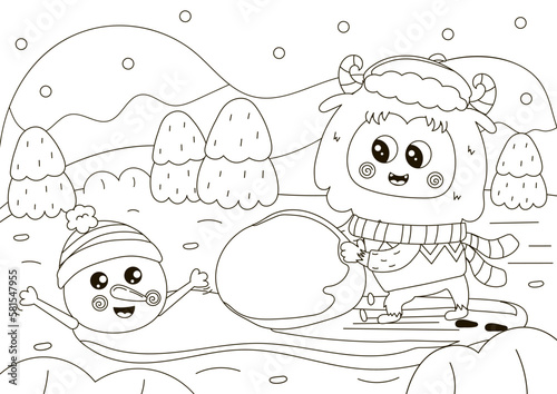 Funny coloring page with cute Yeti character making snowman, winter themed printable activity for kids,black and white doodle for children