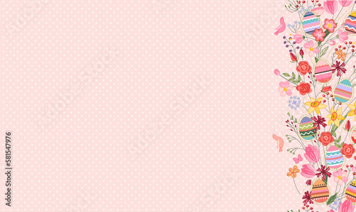 Easter banner with chocolate rabbits and beautifully painted eggs set on the grass. Concept of Easter egg hunt or egg decorating art. Background pastel color minimal design