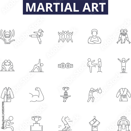 Martial art line vector icons and signs. Kung-Fu, Judo, Aikido, Tae-Kwon-Do, Jiu-Jitsu, Muay-Thai, Kickboxing, Taichi outline vector illustration set