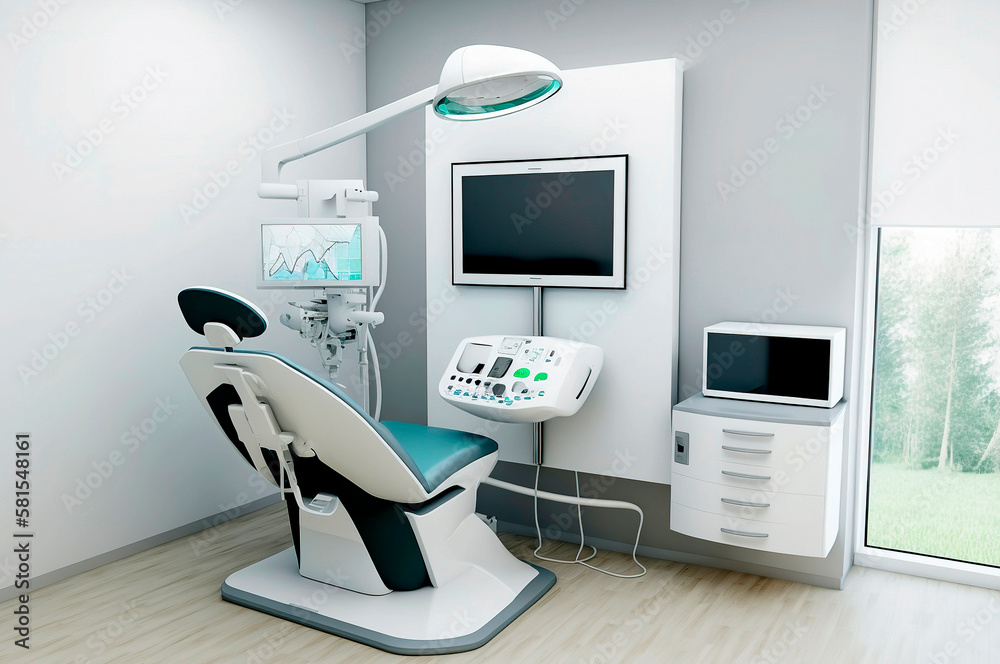 Generative AI illustration of modern and futuristic dental clinic with all technical advances Generative AI illustration of modern and futuristic dental clinic with all technical advances