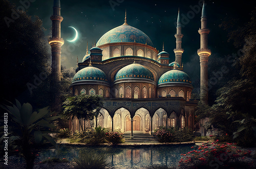 Generative AI architecture illustration of beautiful mosque in Muslim world