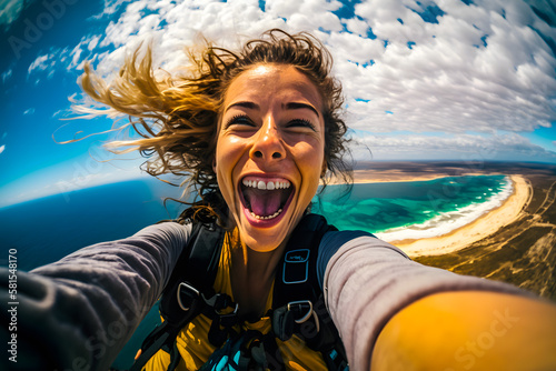 Skydiver girl happy smiling in free fall makes selfie  flying over the earth with clouds. Generative AI