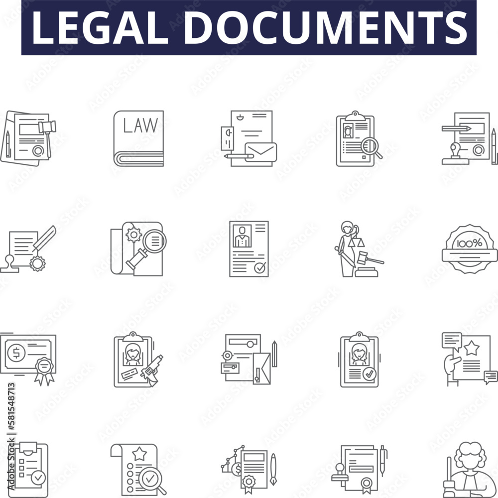 Legal documents line vector icons and signs. Wills, Deeds, Contracts, Affidavits, Agreements, Leases, Powers, Indentures outline vector illustration set