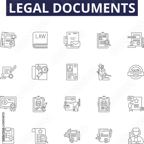 Obraz na płótnie Legal documents line vector icons and signs. Wills, Deeds, Contracts, Affidavits, Agreements, Leases, Powers, Indentures outline vector illustration set w salonie