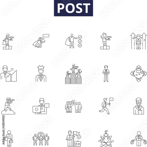 Post line vector icons and signs. Package, Box, Stamp, Delivery, Dispatch, Office, Card, Service outline vector illustration set