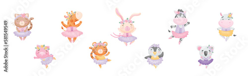 Animals Ballet Dancer in Tutu Skirt and Pointe Shoes Vector Set