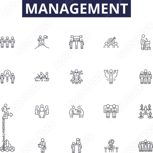 Management line vector icons and signs. Direct, Organize, Plan, Facilitate, Coordinate, Control, Strategize, Monitor outline vector illustration set