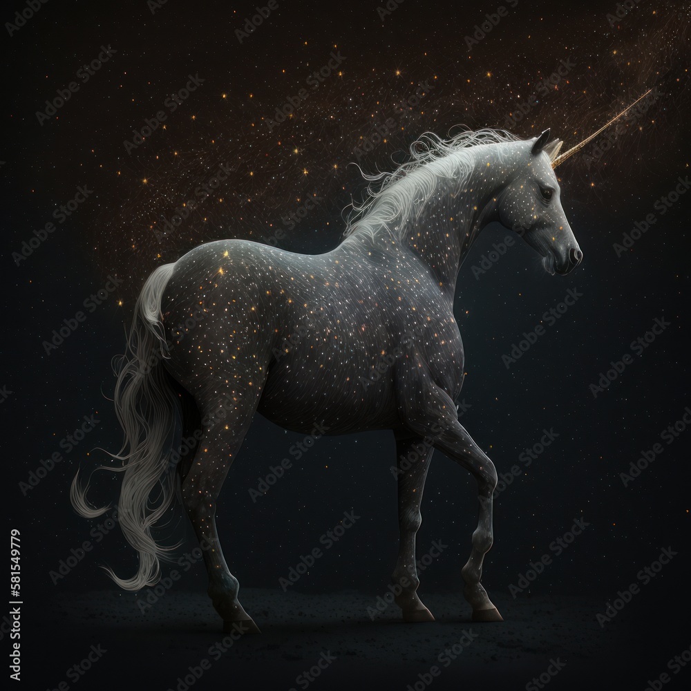 Naklejka premium Unicorn on a black background with stars and space dust. Generative AI
