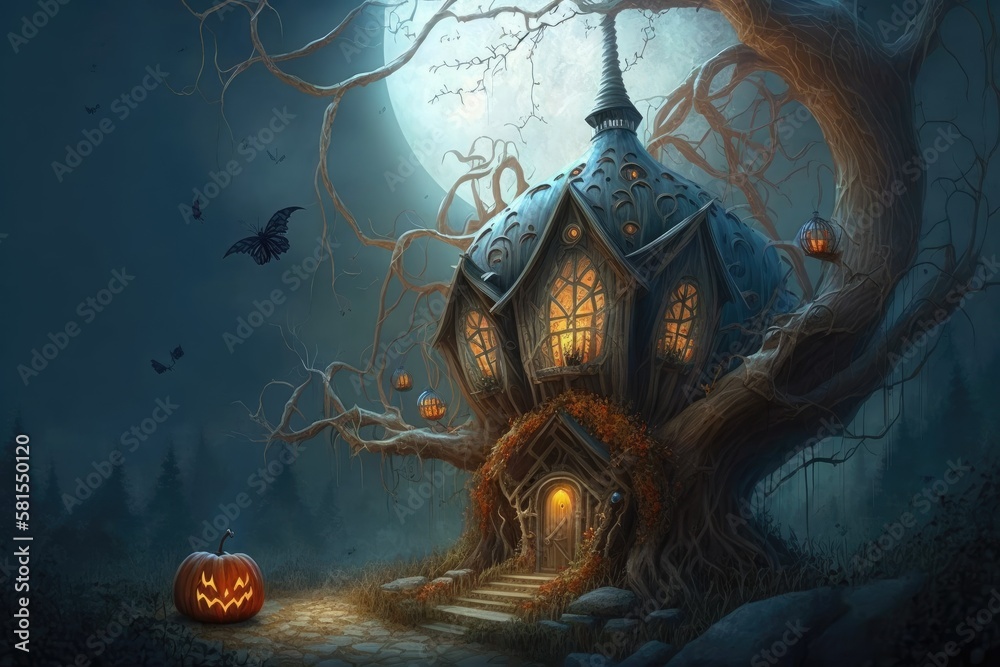 Spooky pumpkin house, idea for a greeting card for Halloween, Generative AI.