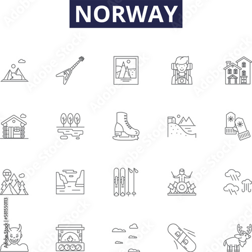 Norway line vector icons and signs. travel, scandinavia, mountain, sea, fjord, landscape, nature,water outline vector illustration set