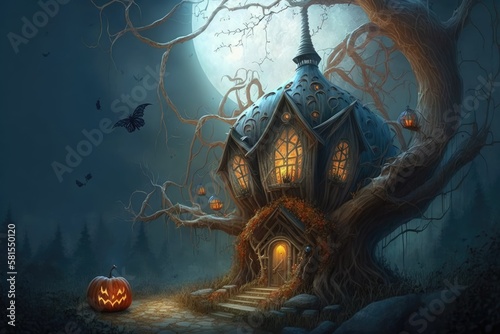 Spooky pumpkin house, idea for a greeting card for Halloween, Generative AI. © Niko_Dali