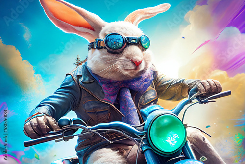 Easter Bunny Riding A Motor Cycle Delivering Goods. Generative AI