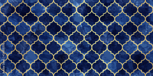 Moroccan Seamless Pattern. Arabic Mosaic Watercolor Ornament. Eid Mubarak Muslim Background. Ramadan Kareem Islamic Illustration. Turkish Mosque Window Shape.
