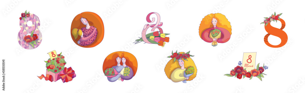 International Woman Day Holiday with Happy Female and Flowers Vector Set