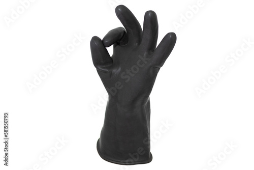 OK sign made by an isolated hand wearing a black rubber glove on a white background