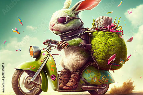 Easter Bunny Riding A Motor Cycle Delivering Goods. Generative AI