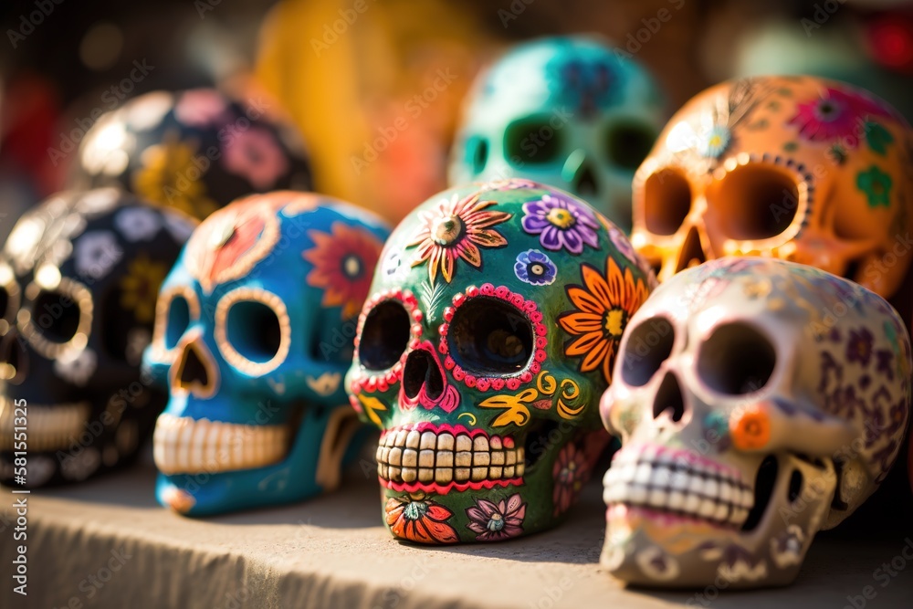 Craft Mexican skulls close up shot. Focus on foreground. Generative AI