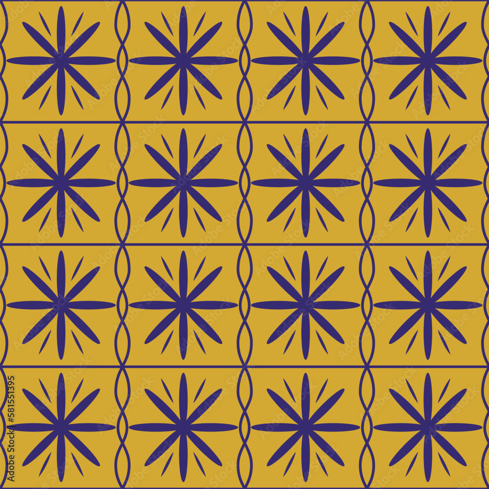 Textile pattern symmetrical ornament, regular pattern seamless print, yellow blue background