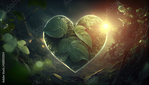 green planet concept - green tree heart with forest greenery around, based on AI generarive photo