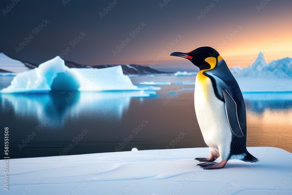 Obraz premium Emperor penguin in the Antarctica on an ice floe at winter. Wildlife concept of ecological environment. Generative AI