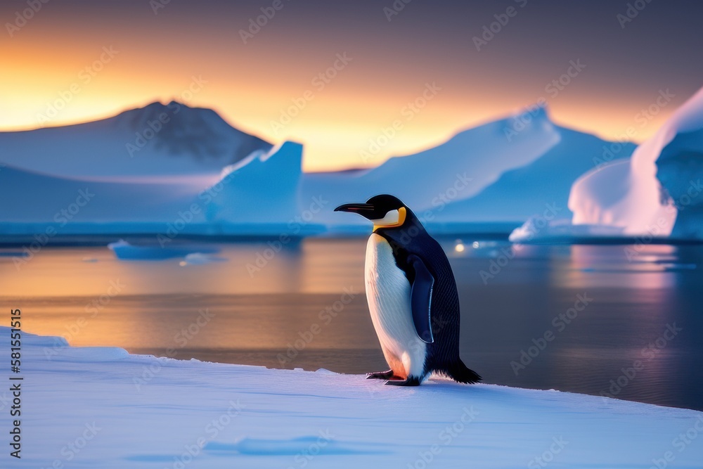 Obraz premium Emperor penguin in the Antarctica on an ice floe at winter. Wildlife concept of ecological environment. Generative AI
