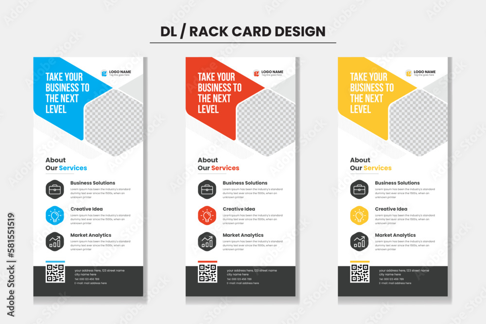 Red Blue and Yellow Modern Clean Corporate Business DL Flyer Rack Card Template Design with Black Background Red Blue and Yellow Modern Clean Corporate Business DL Flyer Rack Card Template Design with Black Background