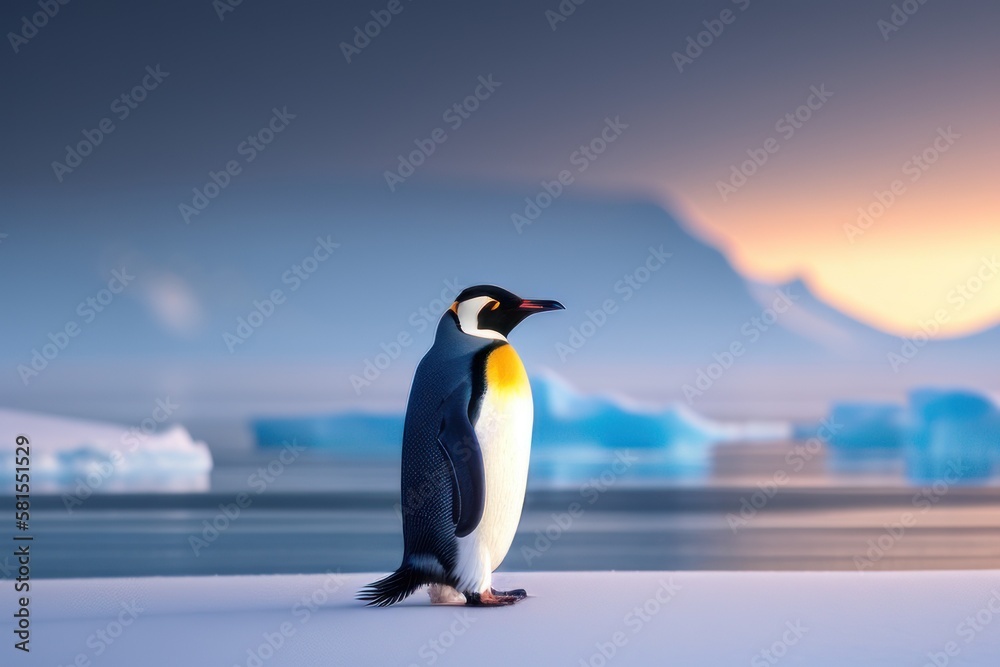 Fototapeta premium Emperor penguin in the Antarctica on an ice floe at winter. Wildlife concept of ecological environment. Generative AI