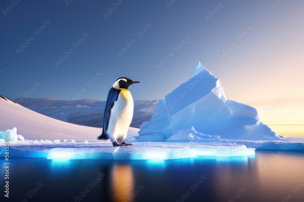 Obraz premium Emperor penguin in the Antarctica on an ice floe at winter. Wildlife concept of ecological environment. Generative AI