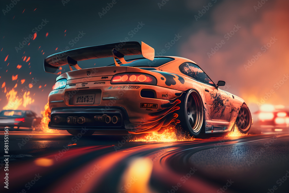 Racing car with fire from under the wheels. Dark background. Generative AI content.