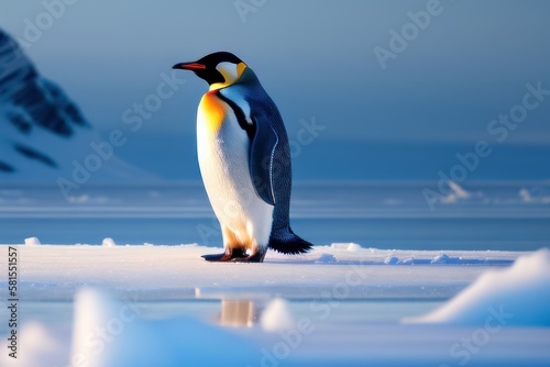 Emperor penguin in the Antarctica on an ice floe at winter. Wildlife concept of ecological environment. Generative AI