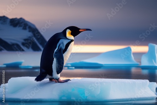 Emperor penguin in the Antarctica on an ice floe at winter. Wildlife concept of ecological environment. Generative AI